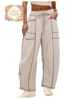 Cotton Blend Wide Leg Sweatpants High Rise Baggy Barrel Lounge Pants